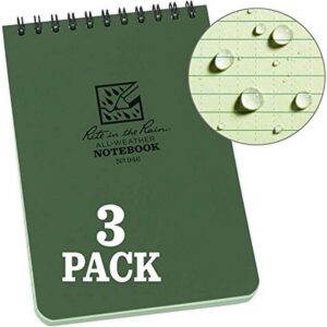 Rite In The Rain Weatherproof Top Spiral Notebook, 4" x 6", Green Cover, Universal Pattern, 3 Pack (No. 946-3)