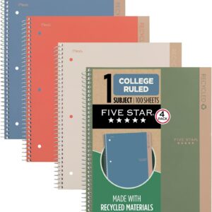 Five Star Spiral Notebooks + Study App, Recycled Cover, 4 Pack, 1 Subject, College Ruled Paper, 8-1/2” x 11", 100 Sheets per Notebook, Zion Clay, Olympic Green, Glacier Blue, Smoky Gray(820046)