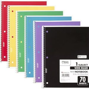 Mead Spiral Notebook, 6 Pack, 1-Subject, Wide Ruled Paper, 7-1/2" x 10-1/2", 70 Sheets per Notebook, Color Will Vary (73063)