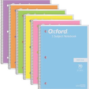 Oxford Spiral Notebook 6 Pack, 1 Subject, Wide Ruled Paper, 8 x 10-1/2 Inch, Pastel Pink, Orange, Yellow, Green, Blue and Purple, 70 Sheets (63757)