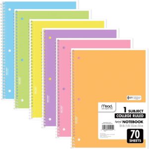 Mead Spiral Notebooks, 6 Pack, 1-Subject, College Ruled Paper, 8" x 10-1/2", 70 Sheets, Assorted Pastel Colors (830049)