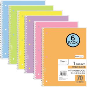 Mead Spiral Notebooks, 6 Pack, 1-Subject, Wide Ruled Paper, 8" x 10-1/2", 70 Sheets, Assorted Pastel Colors (930050-ECM)