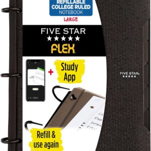 Five Star Flex Refillable Notebook + Study App, College Ruled Paper, 1 Inch TechLock Rings, Pockets, Tabs and Dividers, 200 Sheet Capacity, Black (29328AA2)