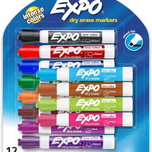 EXPO Low Odor Dry Erase Markers, Chisel Tip, Assorted Colors, 12 Count